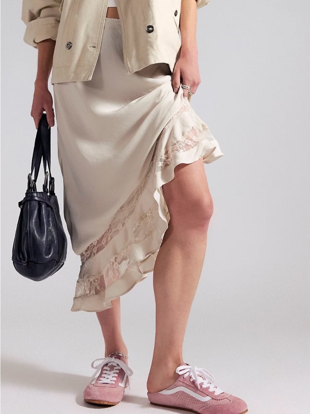 Free people Asymmetrical Lace-Trim Midi Skirt in Cream